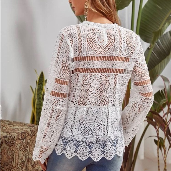 Boho scallop trim sheer guipure lace white top blouse - Picture 2 of 7